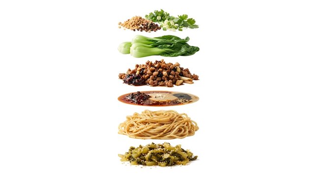 Exploded view of dan dan noodles ingredients including wheat noodles bok choy and minced pork isolated