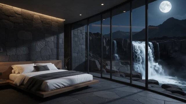 Modern luxury bedroom interior with large glass windows overlooking a scenic waterfall and a bright full moon at night, featuring a minimalist bed and dark stone walls in a calm atmosphere.