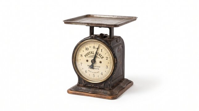 Antique Postal Scale with Metal Tray and Dial Face Isolated on White Background