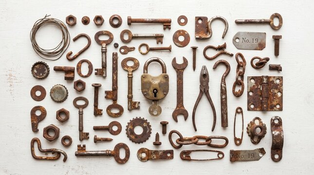 Collection of Rusty Vintage Hardware and Tools Arranged on White Wooden Background