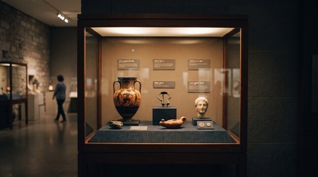 Ancient Greek Artifacts Displayed in Museum Glass Case with Informational Labels and Visitor in Background