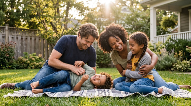 Mixed-race family plays outdoors on green lawn during sunny day. Parents laugh with children on picnic blanket, sharing strong mixed-race family bond and happiness.