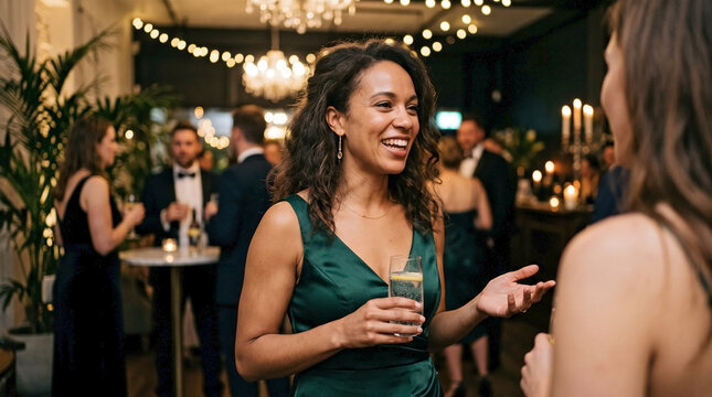 Mixed-race woman smiling at lively social event, holding drink and engaging in conversation. Elegant guests enjoy sophisticated social event with festive lighting and ambient decor.