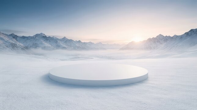 Empty white circular pedestal on snowy landscape with misty mountains and soft sunrise glow on horizon for winter product display