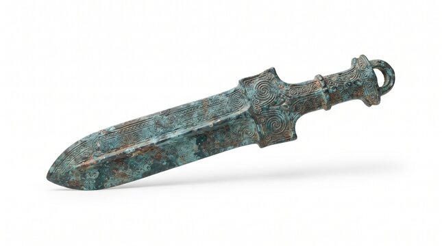 Ancient Bronze Sword with Intricate Patterns and Verdigris Patina Isolated on White Background