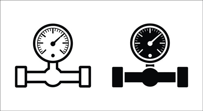 Black line art and solid vector illustrations featuring pressure gauges on pipeline valves, industrial flow indicators, manometer measurement symbols, and plumbing equipment icons.