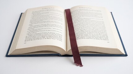 Fototapeta premium Open book with blue cover and burgundy ribbon bookmark on white background