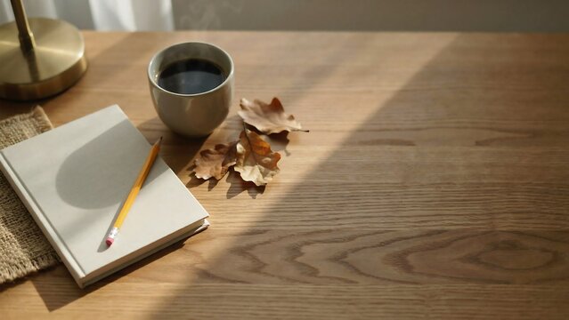 Open notebook with yellow pencil and dried oak leaves beside a steaming coffee cup on a light wooden table in soft sunlight