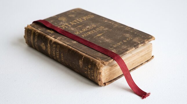 Antique Marcus Aurelius Meditations book with red ribbon bookmark on white background
