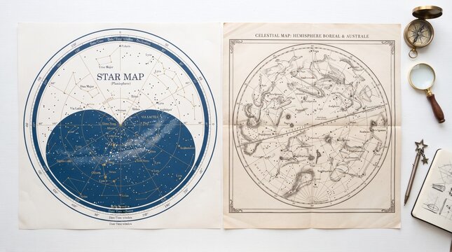 Vintage celestial maps and astronomical charts displayed on a white surface with navigational tools