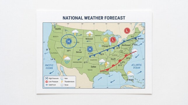 National Weather Forecast Map Showing Pressure Systems Fronts and Precipitation Across the United States