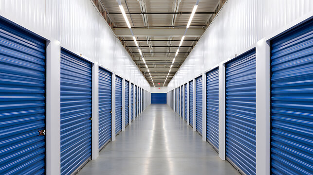 Long hallway inside a modern self storage facility with rows of closed blue metal roll up doors and bright industrial overhead lighting