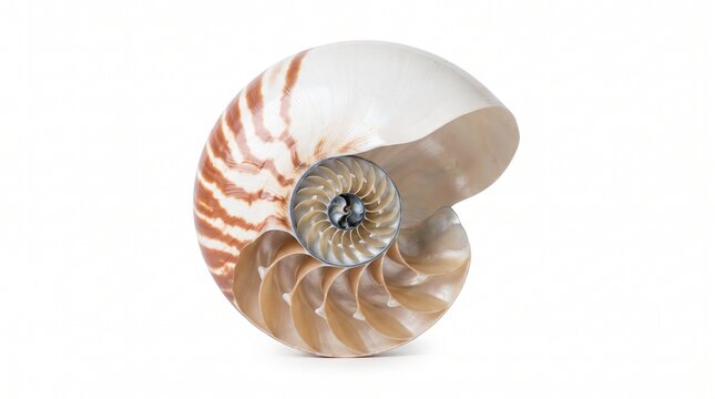 Nautilus Shell Cross Section Showing Fibonacci Spiral and Chamber Structure Isolated on White