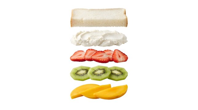 Close-up of a Japanese fruit sando sandwich with fresh strawberries kiwi and mango on a white background with copy space