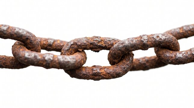 Close up of a heavily rusted metal chain with visible corrosion and texture against a white background