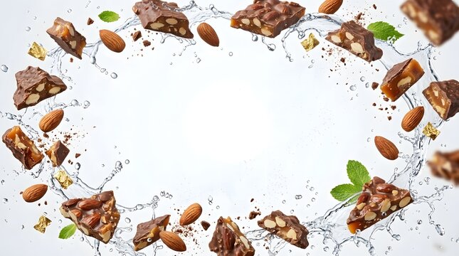 Almond roca pieces floating in water with green leaves and splash effects in studio setting with copy space