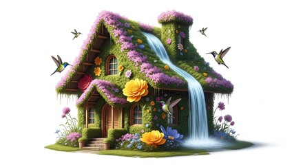 Fototapeta premium Whimsical Cottage With Waterfall and Hummingbirds Stock Image