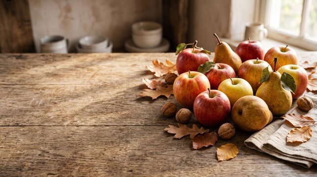 Autumn harvest of apples pears and walnuts on rustic wooden table.