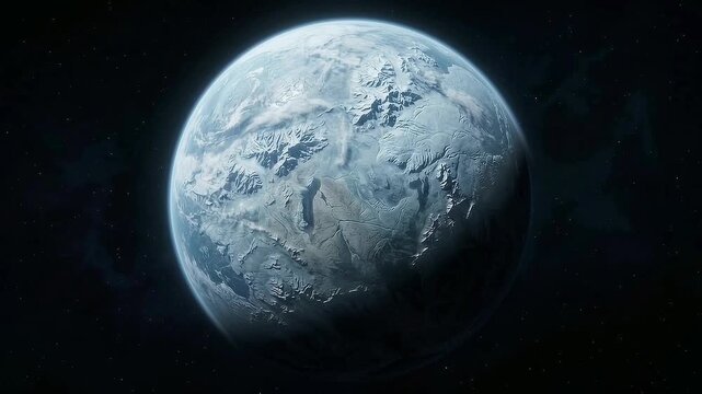 Frozen blue ice planet rotating slowly in deep space, presenting a cinematic extraterrestrial world with icy terrain and a dark cosmic background.