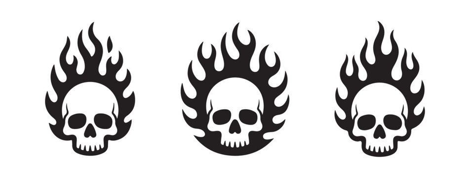 Three stylized black skull icons with flaming effect for edgy graphic designs.