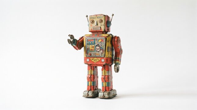 Vintage tinplate space robot toy with mechanical details and retro design isolated on white background