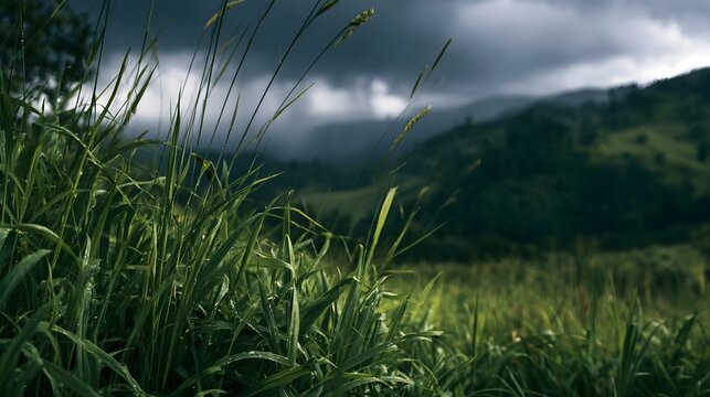 Tall grass sways in a misty valley under a dark stormy sky with rolling green hills in the distance