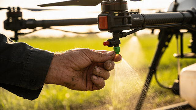 Closeup of a person operating an agricultural drone sprayer in a field during sunset hours