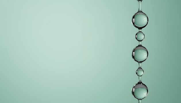 ミント背景に連なる透明な水滴