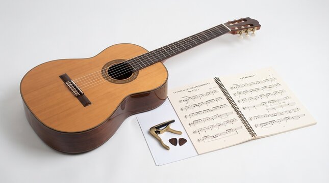 Classical guitar with sheet music, capo, and picks on a white background, ready for practice or performance