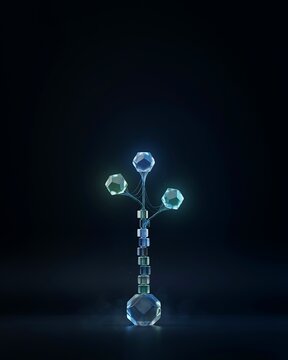Small abstract tree structure made of stacked glass cubes and glowing geometric crystals on a dark moody background surface
