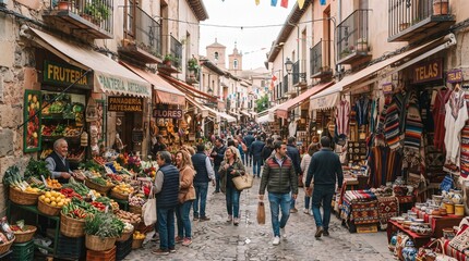 Obraz premium Bustling European Street Market with Diverse Stalls and Shoppers Enjoying Local Atmosphere