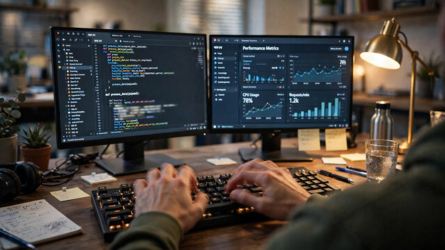 Developer coding with python and performance metrics dashboard
