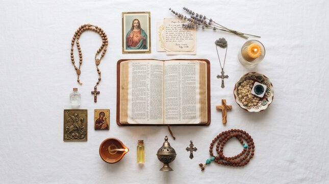 Christian devotional items arranged on a white cloth including an open Bible, rosaries, crosses, holy water, and icons