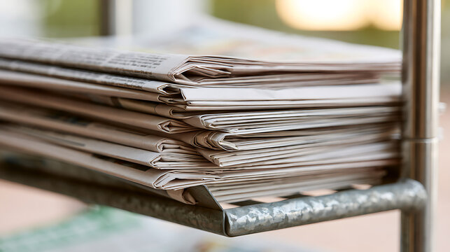 Stack of folded daily newspapers on a metal stand for sale or distribution, showcasing global news print media and daily press updates
