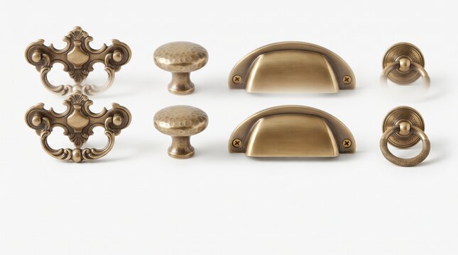 Collection of antique brass cabinet hardware including ornate drawer pulls cup pulls and round knobs isolated on white background
