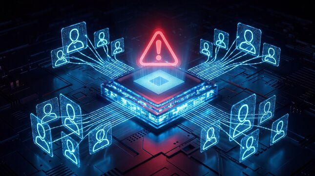 Futuristic illustration of a data processing unit with user icons and alert sign, representing cybersecurity threats.