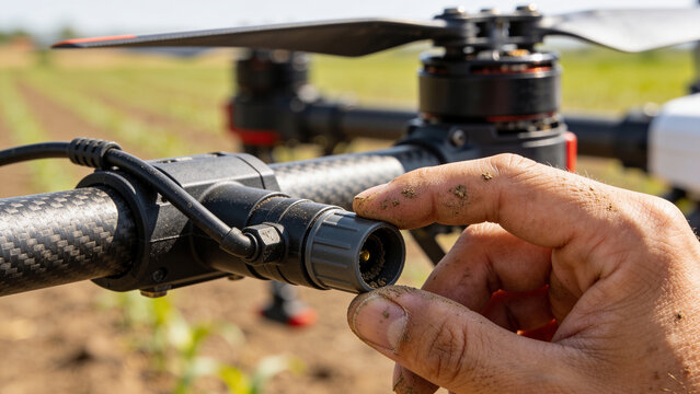Closeup of a hand adjusting a soil sensor on an agricultural drone in a farm field