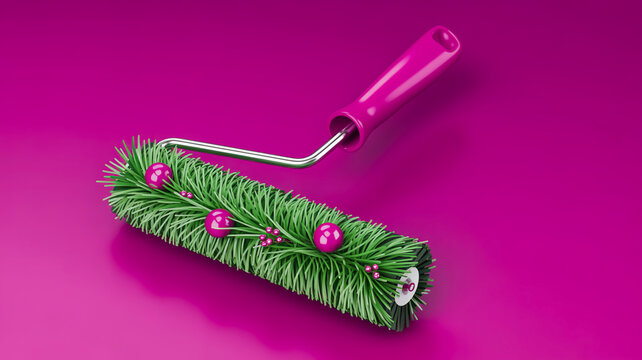 A close-up photograph of a decorative paint roller brush with artificial green pine needles wrapped around its surface, positioned diagonally across a solid magenta background.