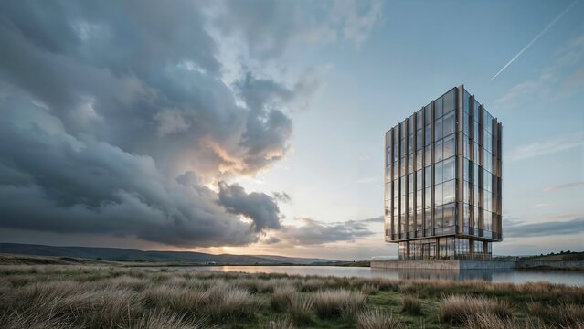 Tall glass office building standing by a lake in a grassy field under a dramatic, stormy sky with dark clouds and a bright sunset horizon