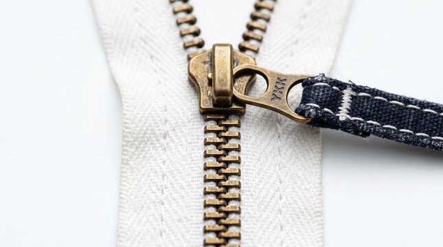 Close up of a brass YKK zipper with a denim pull tab on a white fabric background