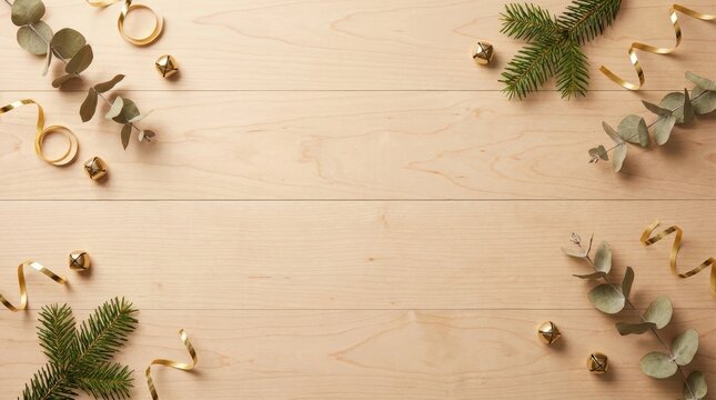 Christmas background with fir branches, eucalyptus, golden ribbons and bells on a light wooden surface