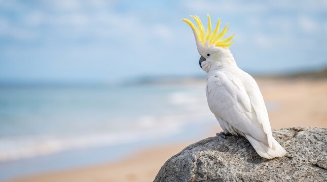White sulphur crested cockatoo parrot bird sitting on rock at sandy beach, ocean waves and blue sky background, tropical wildlife nature, exotic animal portrait, summer vacation travel