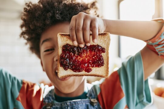 Young boy holding up a slice of toast with fruit jam in front of his face in the kitchen