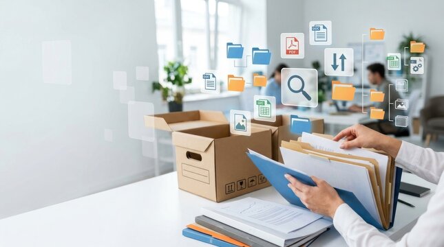 Professional office worker organizing business documents and files in a cardboard box for efficient digital data management