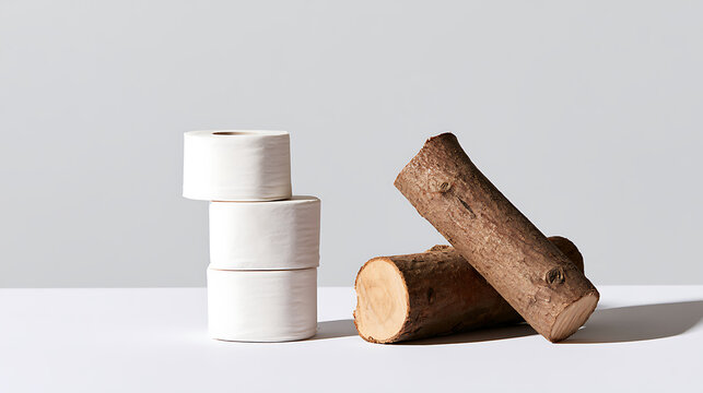 A stack of white tissue paper rolls alongside wooden logs on a clean background illustrating the connection between deforestation and paper