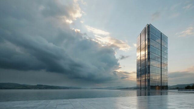 Tall glass skyscraper building reflecting the sunset sky, standing beside a calm lake with dark storm clouds gathering in the horizon