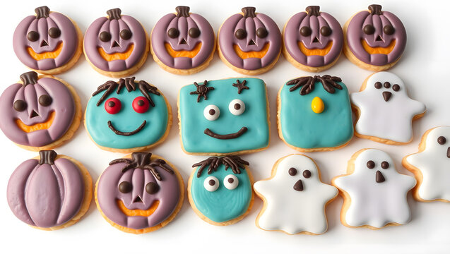 Colorful handmade Halloween treats shaped as pumpkins monsters and ghosts