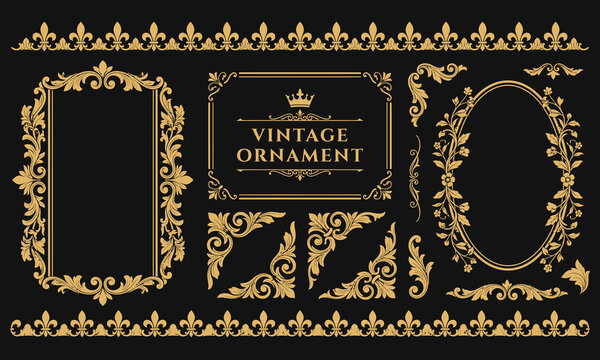 Royal gold baroque ornamental vector frames and vintage borders on dark background for premium product packaging, elegant book covers, luxury brand identity, and classic typographic templates.