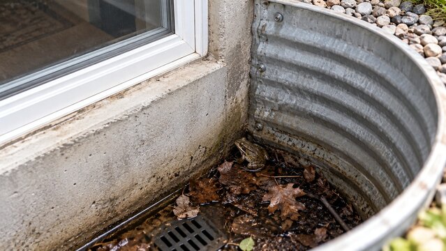 Small frog trapped at bottom of residential basement window well beside leaves and damp debris