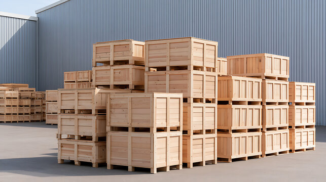 Wooden crates stacked high outside an industrial warehouse facility ready for shipping and freight transport operations in bright daylight